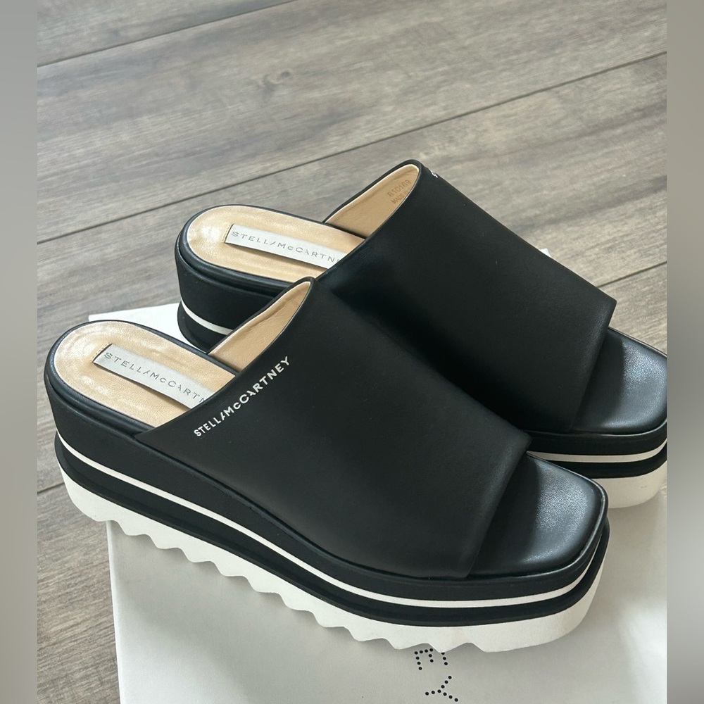 NEW Stella McCartney Sneak-Elyse Black Wedge Mules Sandals SZ 38 8